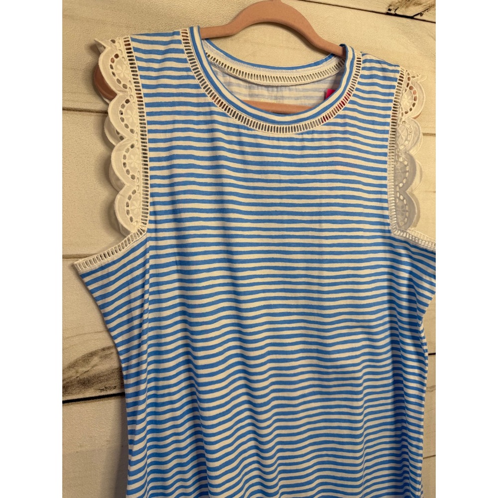 Lilly Pulitzer Agee Dress XL Zanzibar Blue Beach Happy Stripe Eyelet Lace 005430 - Picture 2 of 7